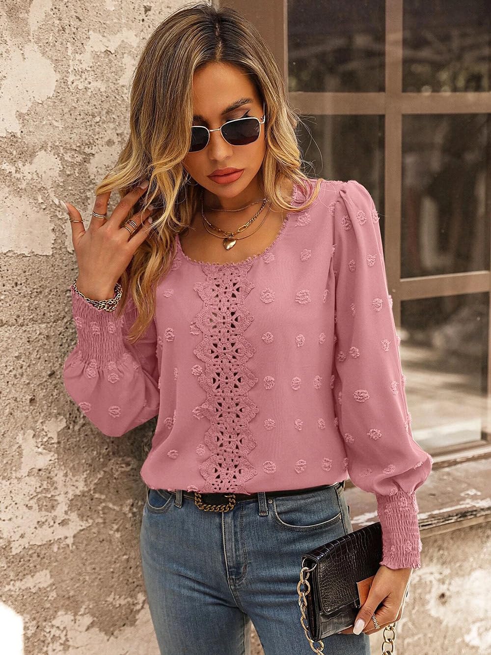 Simplee Denim Lichtblauw Bladerdeeg Mouw Vrouwelijke Blouse Casual Stand Kraag Mid-Lengte Mouw Vrouwen Shirt Lente Zomer Kantoor blouse