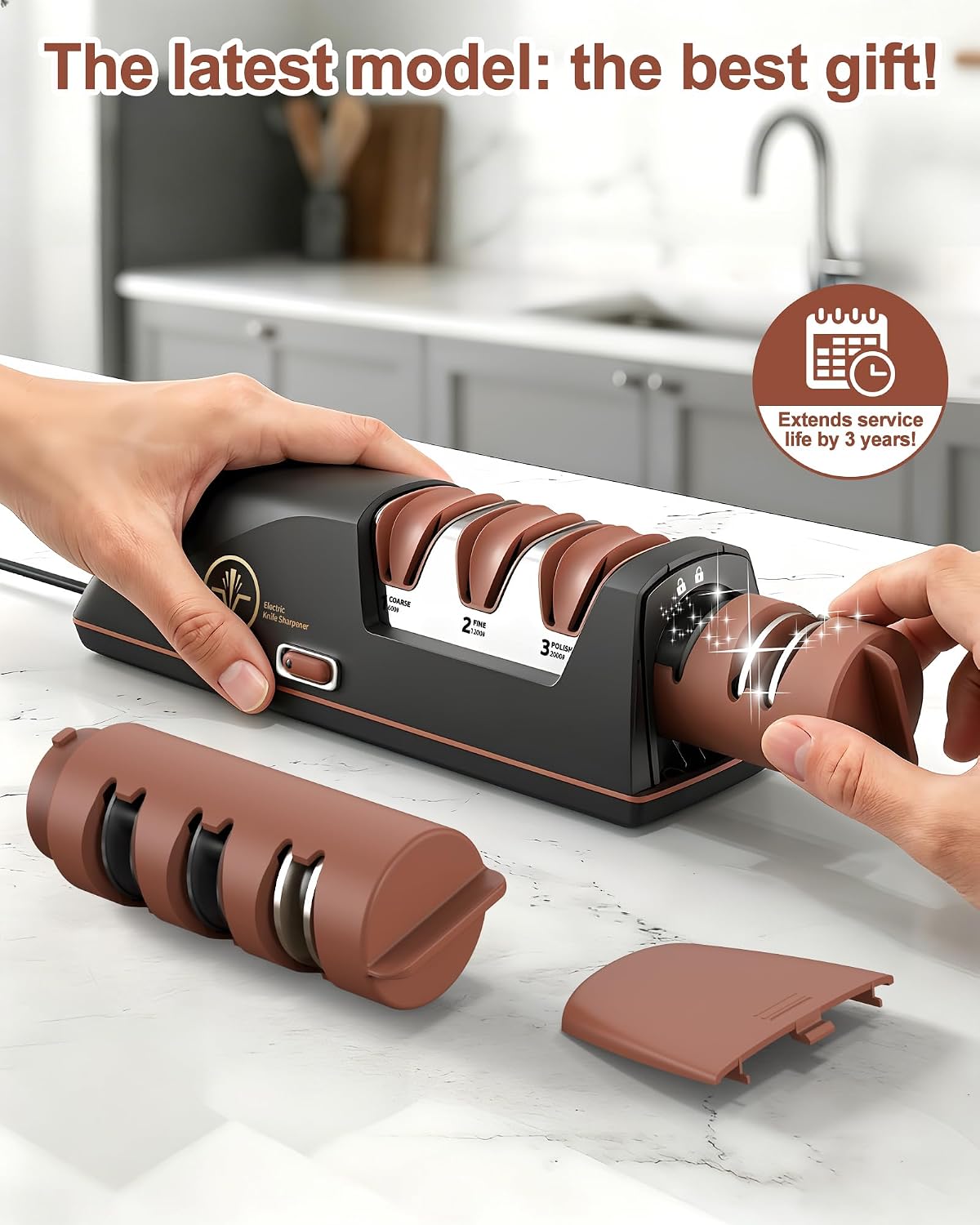 Electric Knife Sharpener Can Replace Sharpening Head | Easy to Change, 3-Stage, 15° Precision Angle, Diamond Sharpening System, Metal & Ceramic Knives, Exquisite Gifts & Packaging