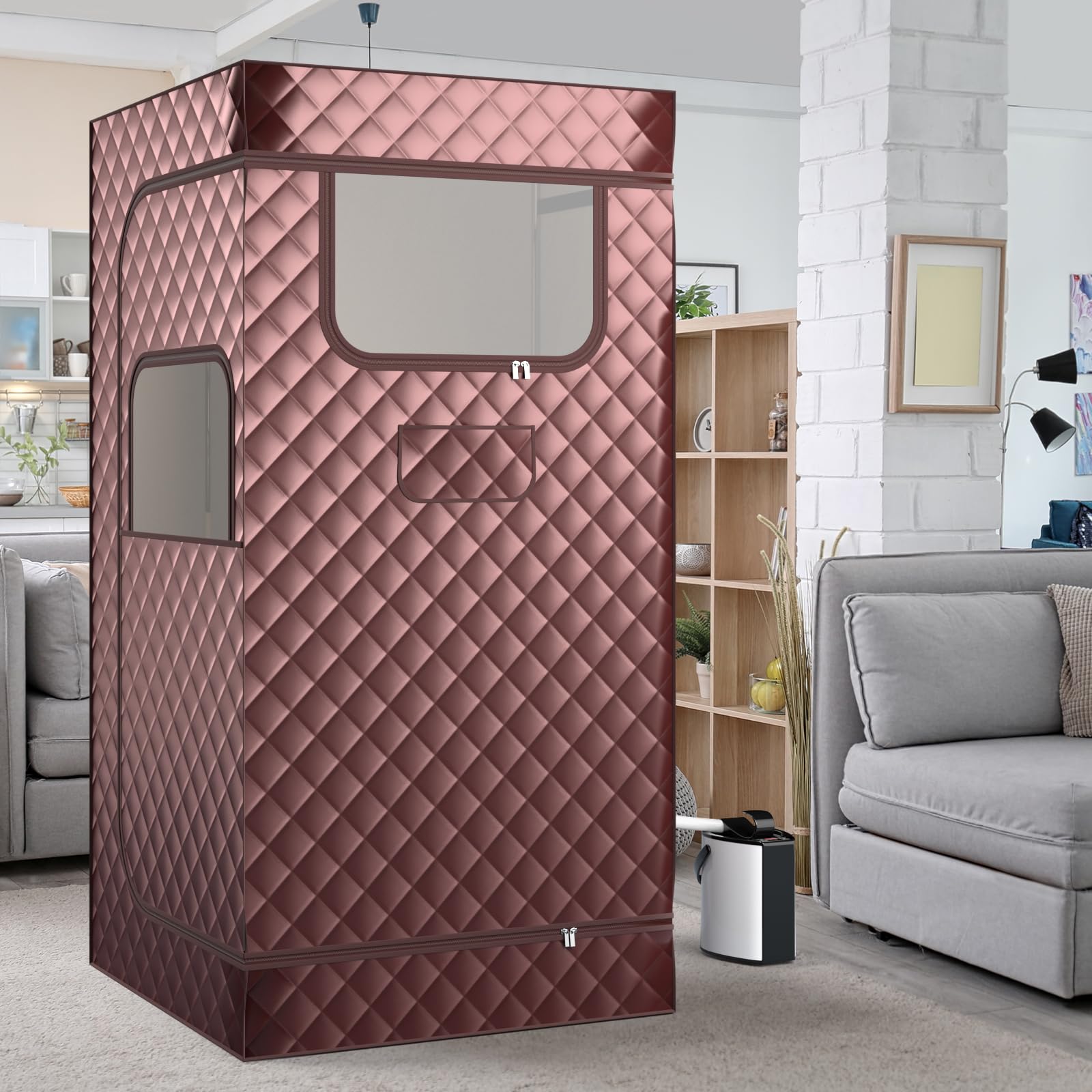 COSTWAY Dampfsauna Heimsauna für Zuhause, Ganzkörpersaunabox mit 3-Liter-Dampfgenerator, Fernbedienung, Fußmassagegerät & Klappstuhl, tragbare Saunazelt 91 x 91 x 183 cm (braun)