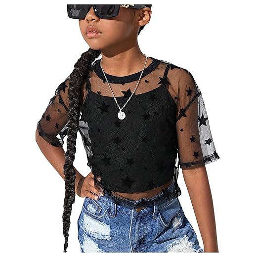 Girl's 2 Piece Set Star Graphic Sheer Mesh Shirt Crew Neck Short Sleeve Crop Top with Camisole