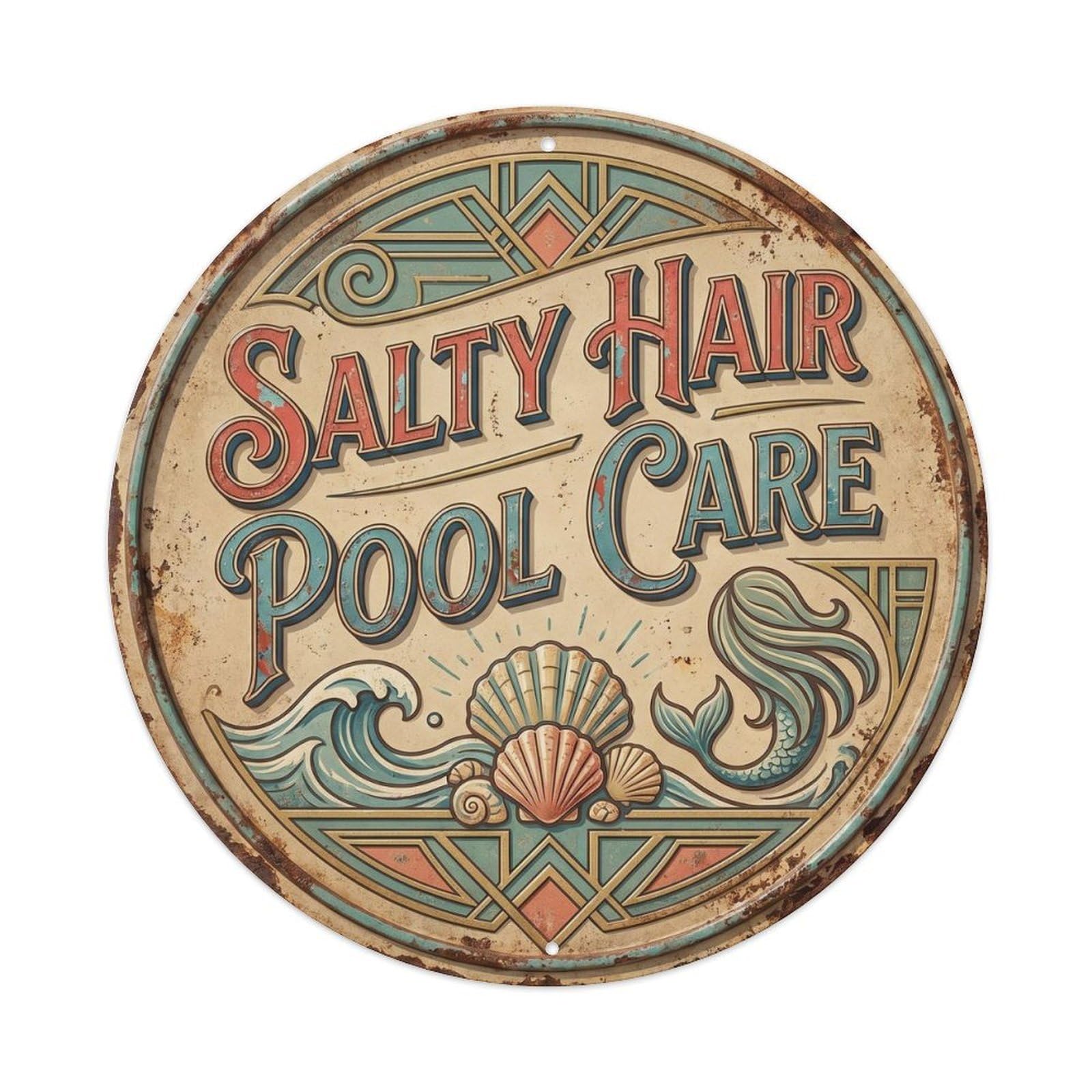 Salty Hair Pool Care Summer Beach Vacation Tropical Ocean Metal Tin Sign Plaque Wall Decor for Cafe, Man Cave, Club Bar, Office, Home Garden Round Metal Poster 8x8Inch