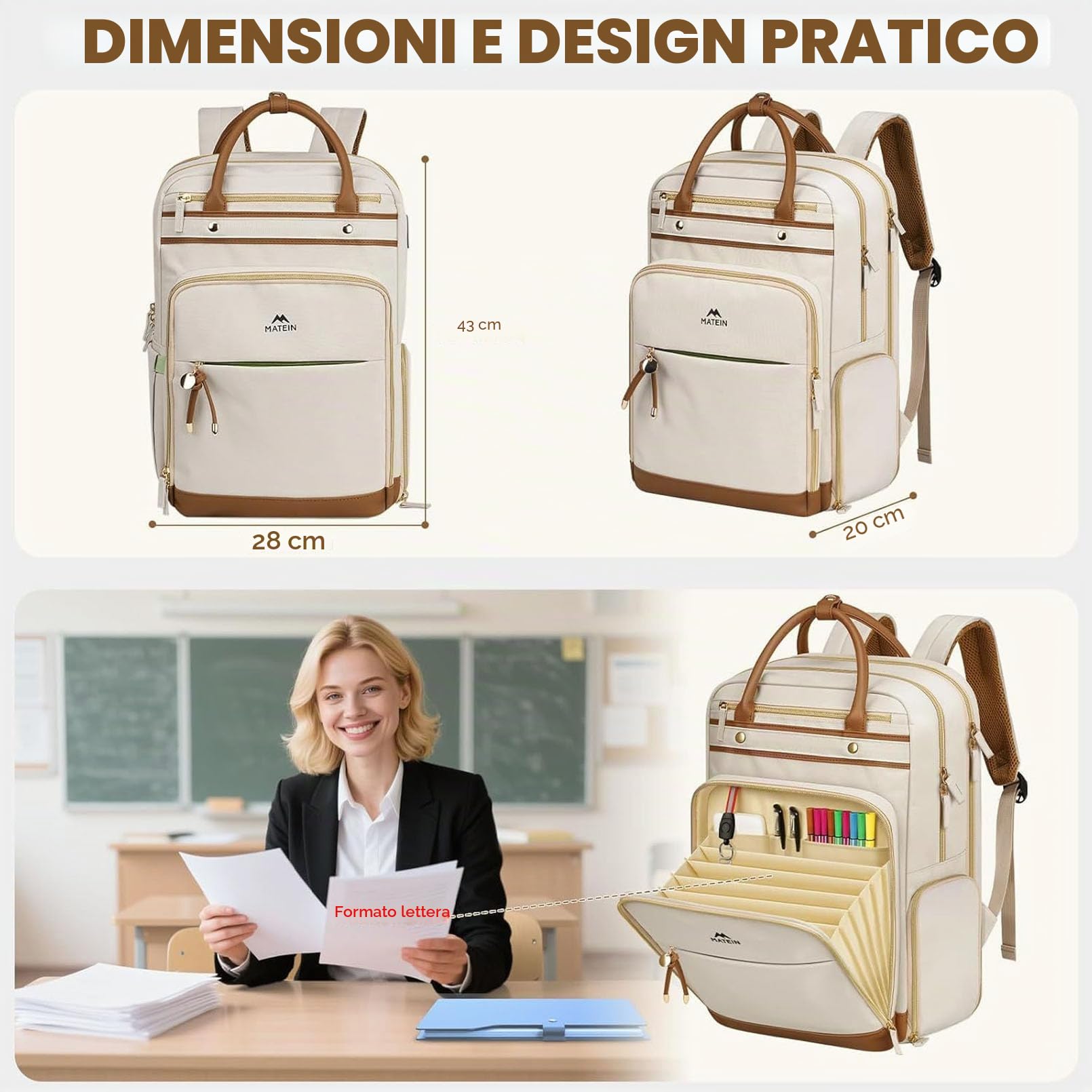 MATEIN Zaino Lavoro Donna per Insegnanti con Borsa Pranzo Rimovibile, Zaino Porta PC 15.6 Pollici, Zaini Scuola per Donna e Docenti, per Viaggio Aereo, Università, Ufficio, Beige