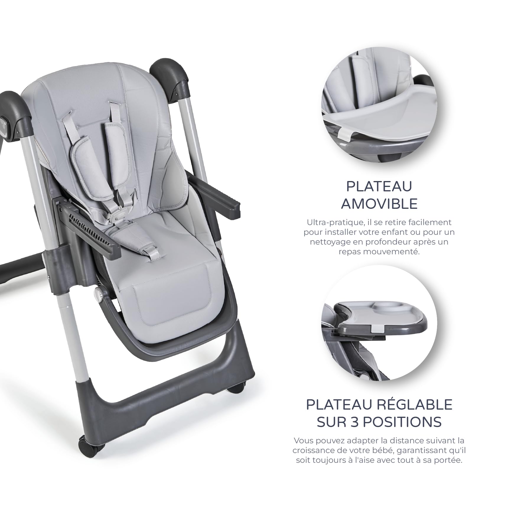 Ms BabyWorld - Chaise haute évolutive pour bébé Tasty | 7 positions de hauteur et 3 inclinaisons | Plateau amovible et repose-pieds réglable | Portable, pliable, jusqu’à 3 ans (Gris)