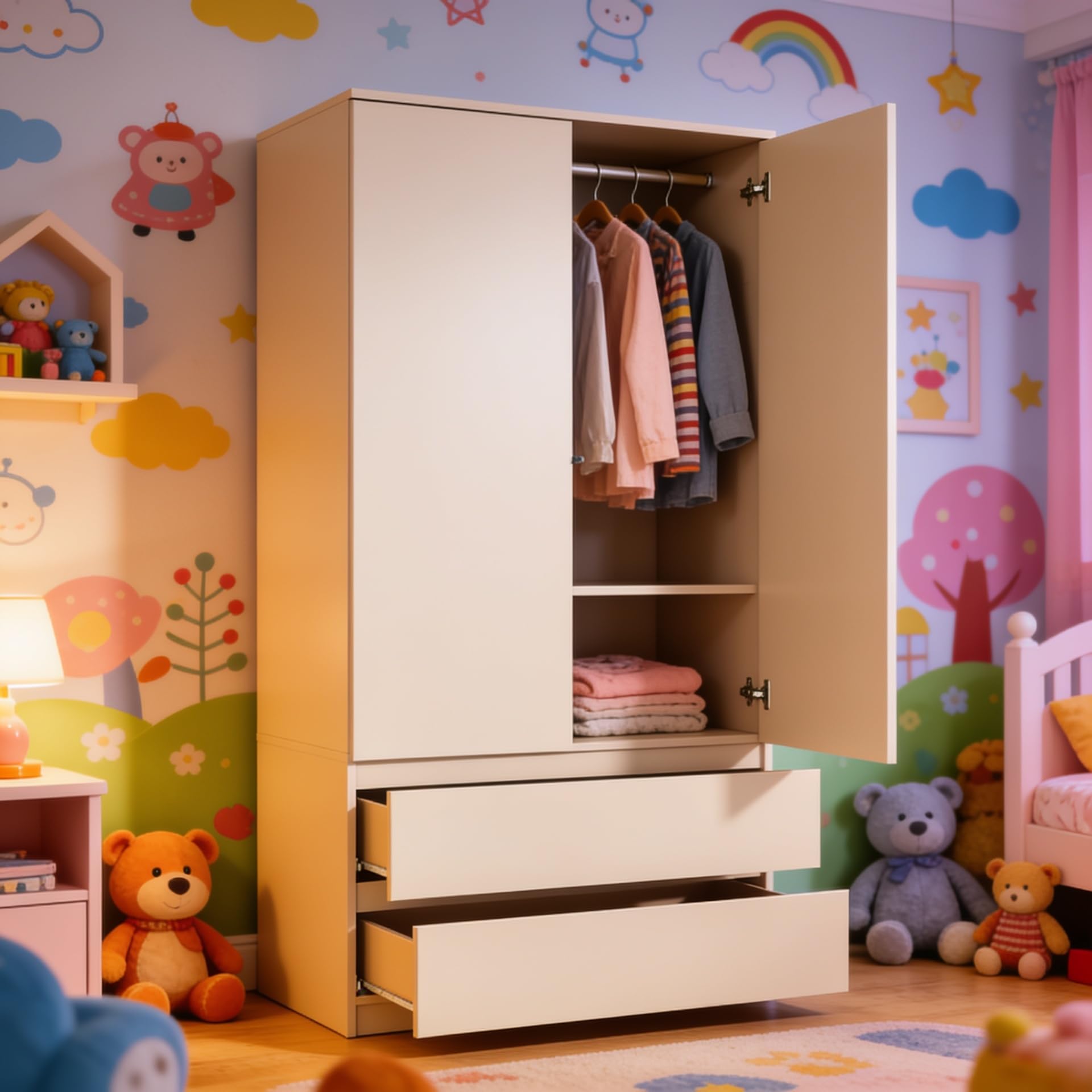 meble masztalerz Armario para Niños 90 cm, 2 Cajones, Cachemira | Armario Dormitorio 90 x 180 x 50 cm Ropero Moderno, Mueble de Almacenamiento, Guardarropa
