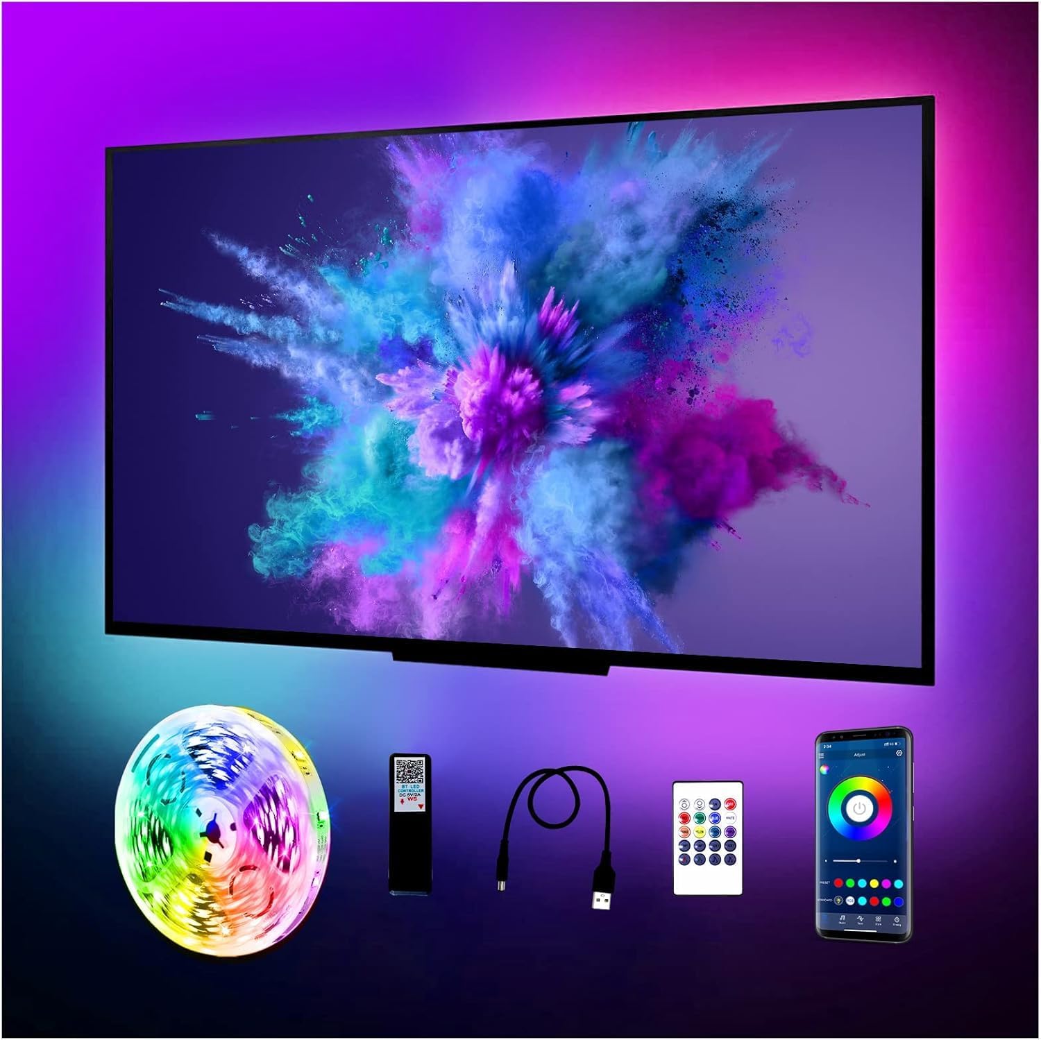 phopollo LED Lights for TV, 12.5Ft TV LED Backlight, LED Strip Lights for TV 55-65 inch, Bluetooth Color Changing LED TV Lights, App Control, USB Powered