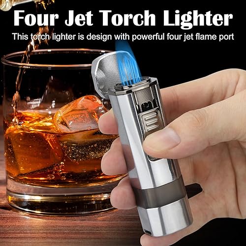 Miniatura 4 de Encendedor de llama de cuatro chorros con punzón y soporte, resistente al viento, encendedor de butano recargable multifuncional, caja de regalo