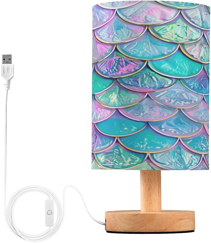 ALAZA ALAZA Table Lamp with USB Port Bedside Lamp Iridescent Mermaid Scales Small Nightstand Lamp Desk Lamp for Bedroom Gifts Office Living Room Decor