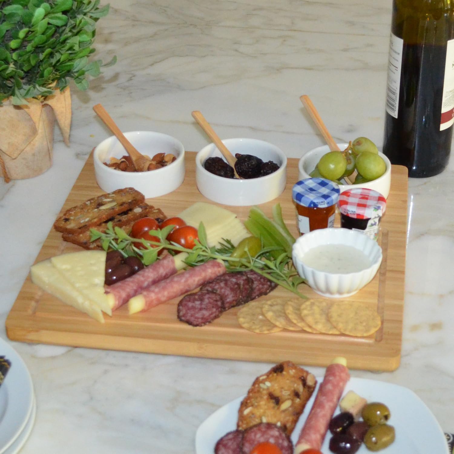 Picnic at Ascot Bamboo Cheese Board/Charcuterie Platter - Includes 3 Ceramic Bowls with Bamboo Spoons - 13" x 13" - Designed and Quality Checked in the USA