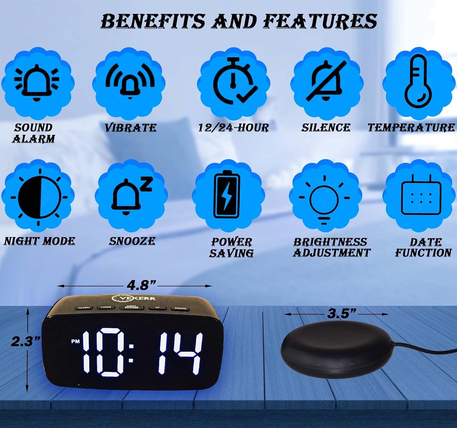 Loud Alarm Clock with Bed Shaker, Vibrating Alarm Clock for Heavy Sleepers, Multifunctional Digital Alarm Clock, Deaf and Hard of Hearing, Full Range Dimmer and Battery Backup (Black, 1)