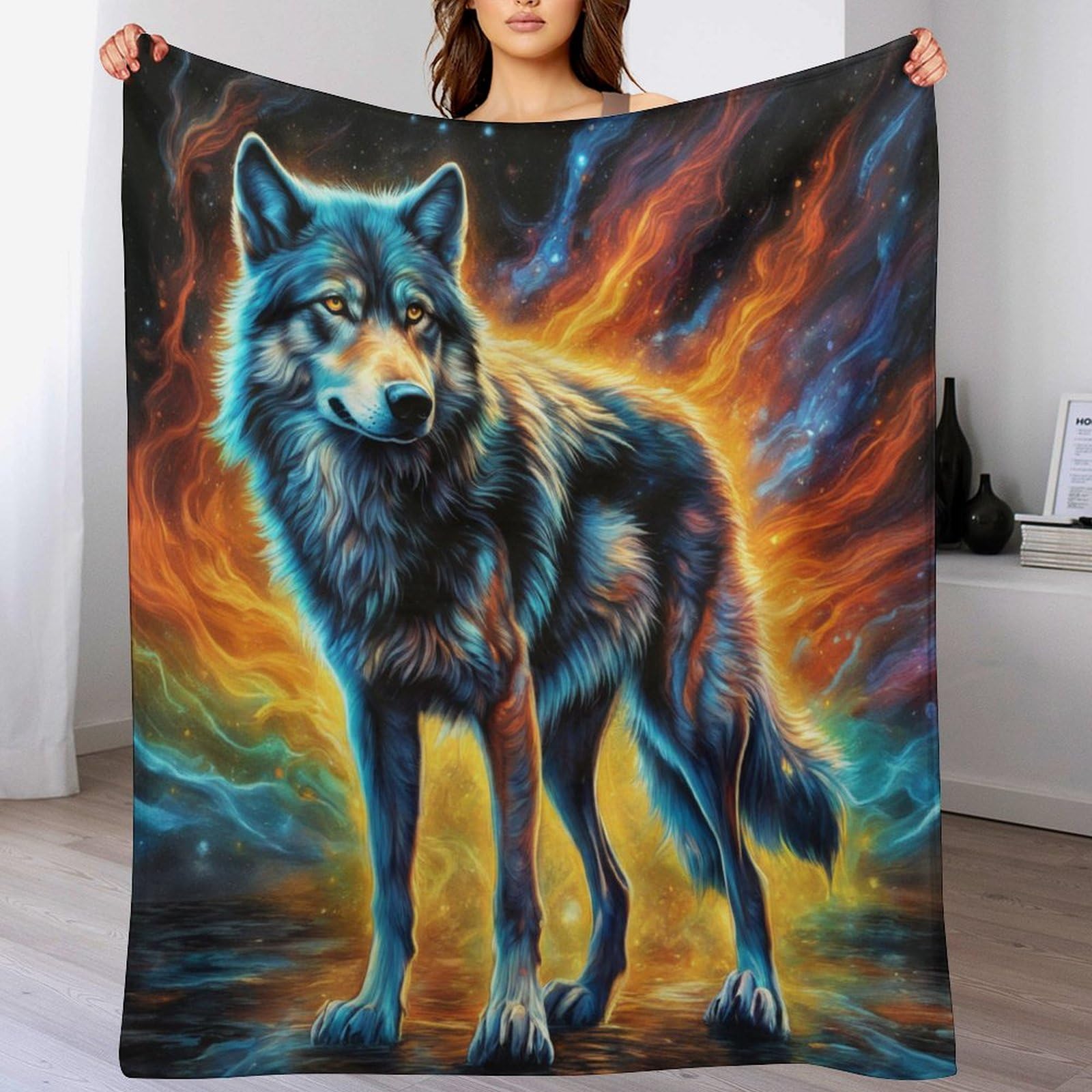 Plaid loup en couverture polaire flannel pour lit et canape double 180x200cm