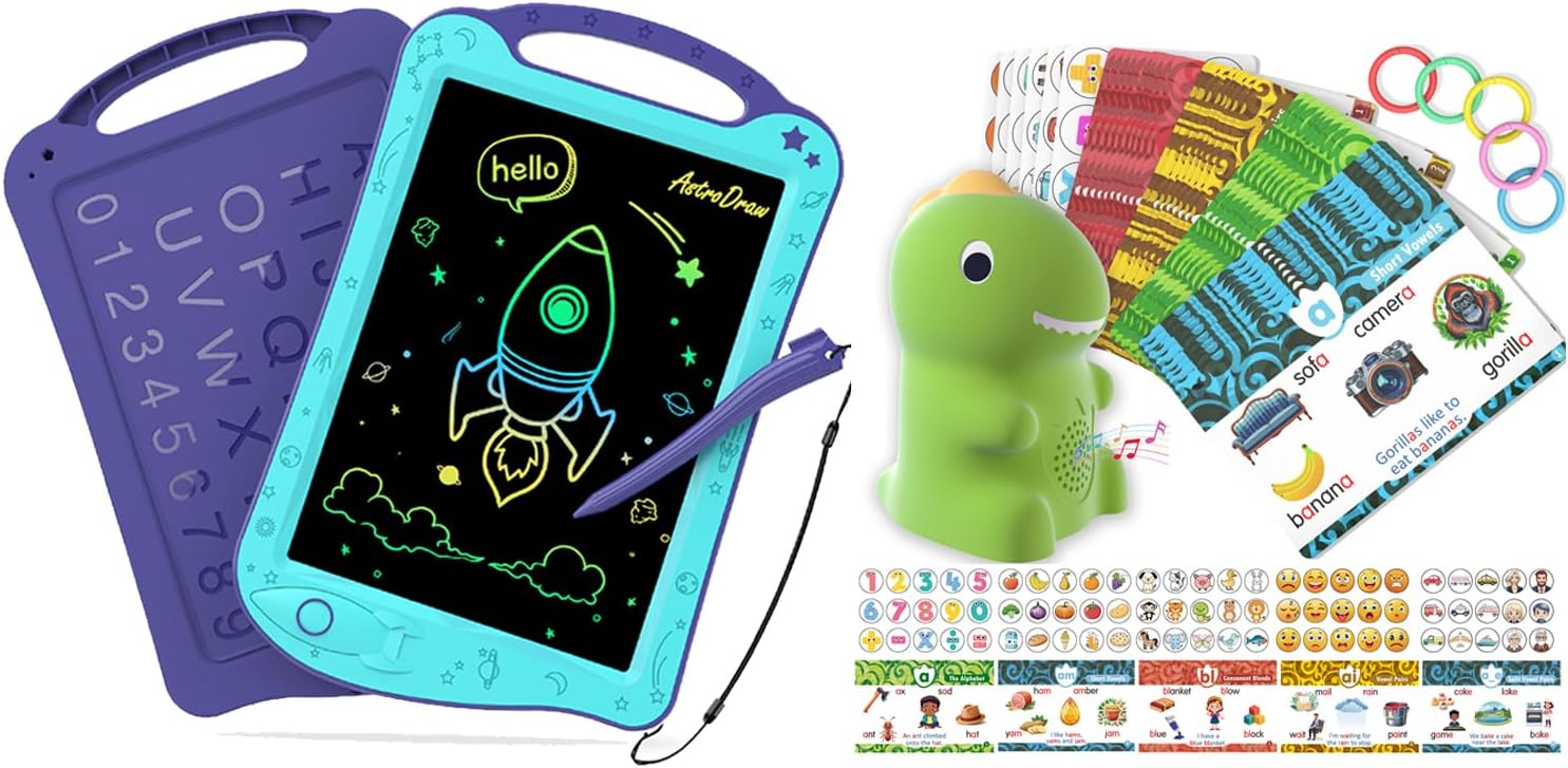 HOMESTEC Astrodraw Drawing Pad Toys + HOMESTEC Talking Phonics Flash Cards with Dino Reader Pen