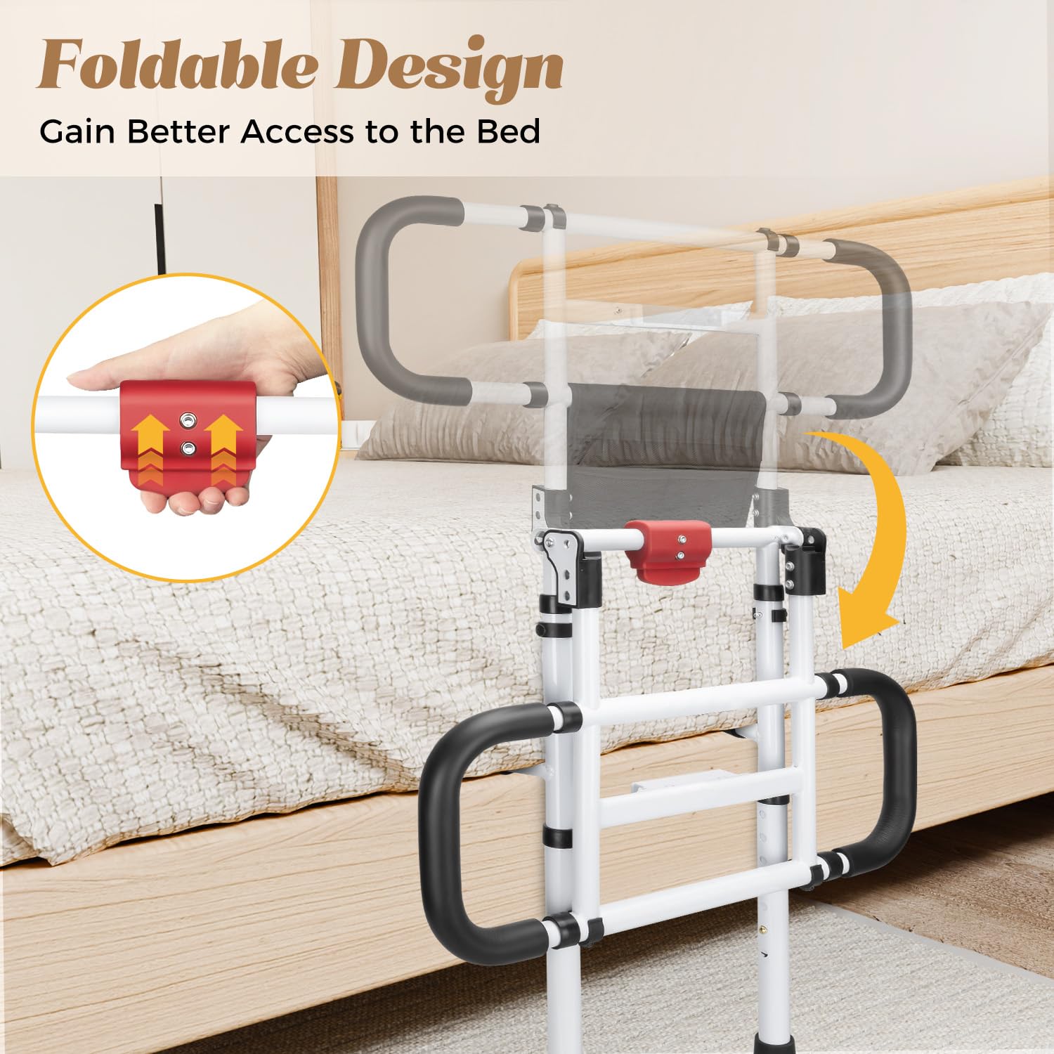 Riel de cama plegable para adultos mayores con luz de sensor de movimiento, mango de asistencia de seguridad ajustable con correas seguras, soporte de mesita de noche resistente, se adapta a