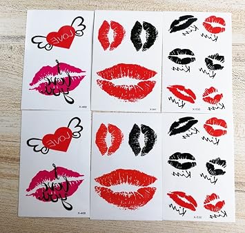 Yesallwas 6 Sheets Cute Lips Temporary Tattoo Sticker Kisses Tattoos for Women Girls,Waterproof Long Lasting Body Art Makeup red lip temporary tattoos - Sexy Kiss Lip Red Black purple