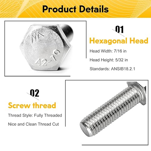 Miniatura 5 de 20 tornillos hexagonales de 14-20 x 2, tornillos hexagonales de 14 "-20, acero inoxidable 304, 2 pulgadas totalmente roscados, tornillo de máquina
