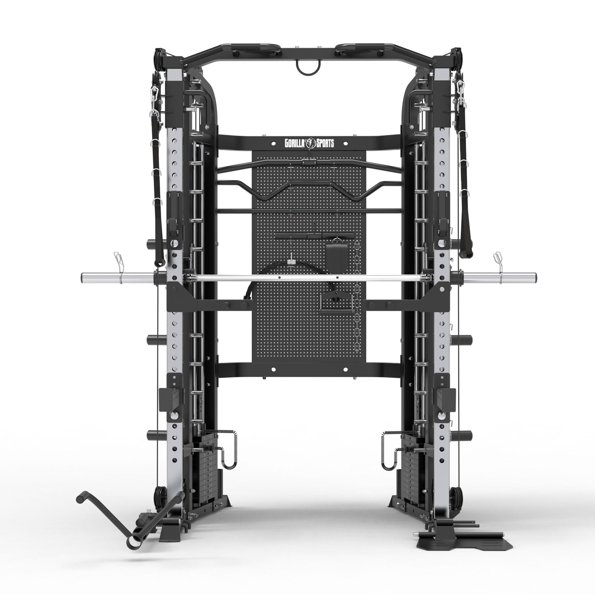 GORILLA SPORTS® Smith Machine - avec Poids Intégrés 2x60 kg, Câbles, Barre Lat, Barre d’Haltérophilie 204 cm et Accessoires, jusqu’à 200 kg - Appareil de Musculation, Power Station, Station de Muscula