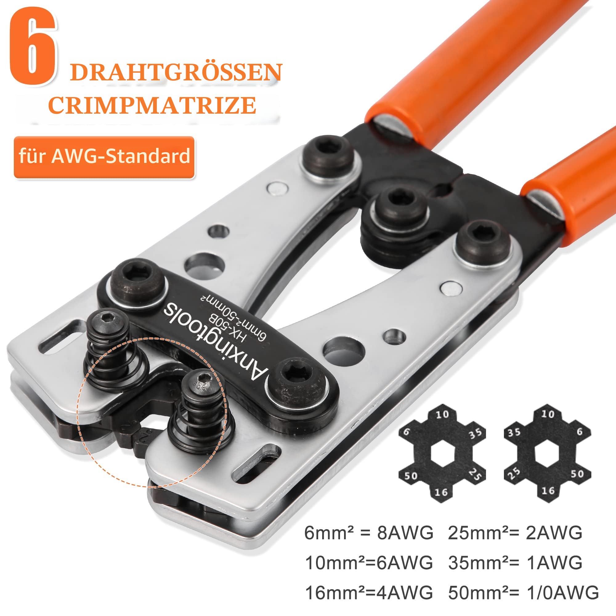Batteriekabel-Crimpzange für 6/10/16/25/35/50 mm² Batterie-Kupfer-Ringkabelschuhe, Kupferkabelschuhe, Hochleistungs-Crimper für Kabelschuhe (HX50B crimper+terminals)