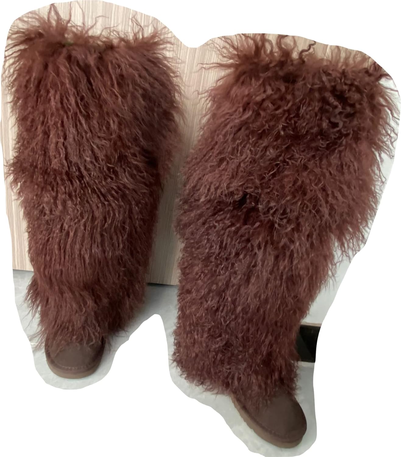 FurinFashion Over Knee High Mongolian Fur Boots Laides Boot with True Tibetan Fluffy Hairy Big Long Curly Hair For Girls Woman's Women Adults Size Skinning Winter Snowing Warm Shoes Flat Boots Blue Grey Pink Color