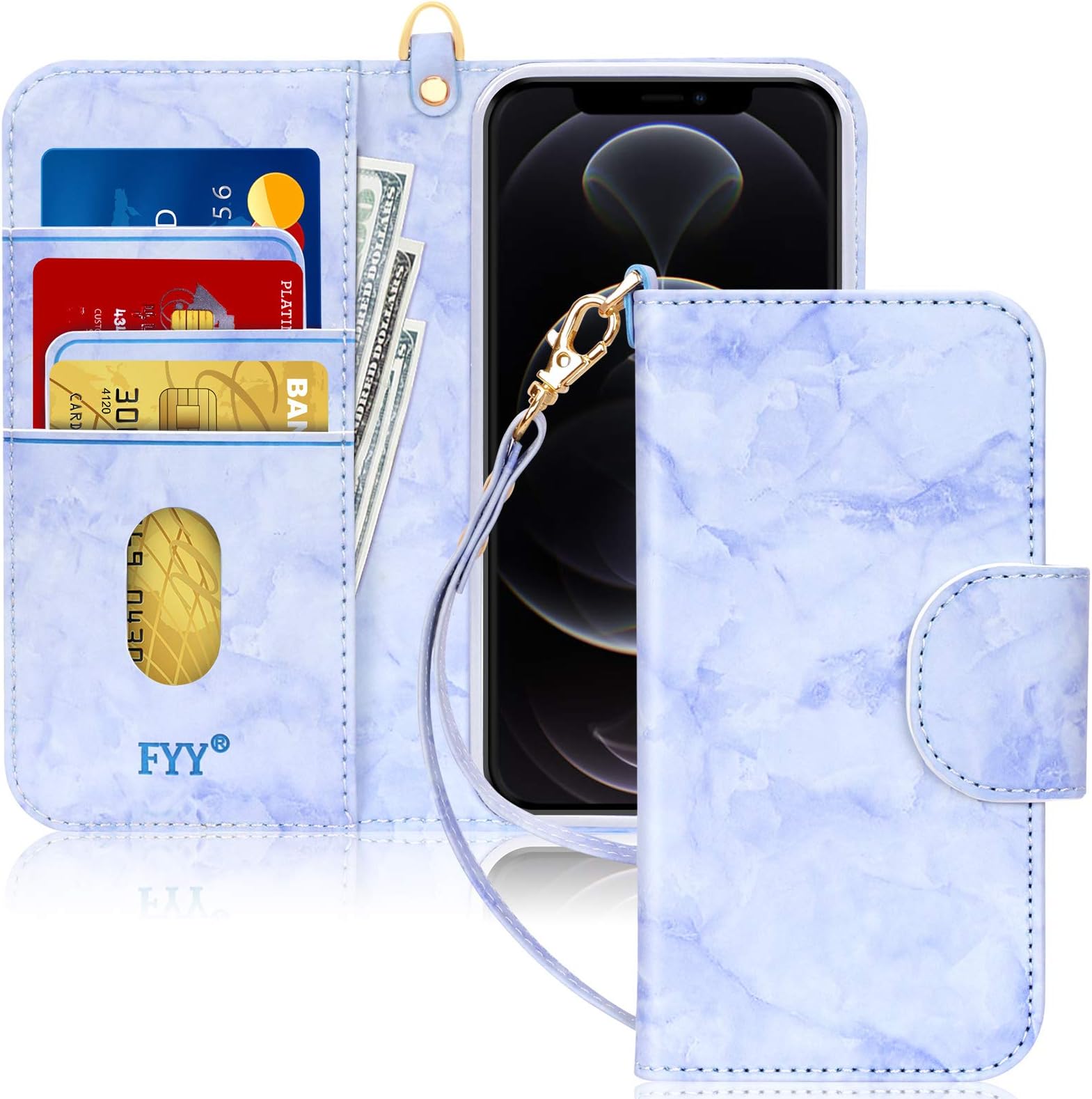 FYY Compatible with iPhone 12 Case/iPhone 12 Pro Case, [Kickstand Feature] Luxury PU Leather Wallet Case Flip Folio Cover with [Card Slots] and [Note Pockets] for iPhone 12/12 Pro 5G Marble Purple
