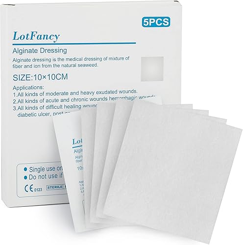 LotFancy Apósito para heridas de alginato de calcio, parches de 4 x 4 pulgadas, 5 unidades, acolchado antiadherente, almohadilla de apósito para