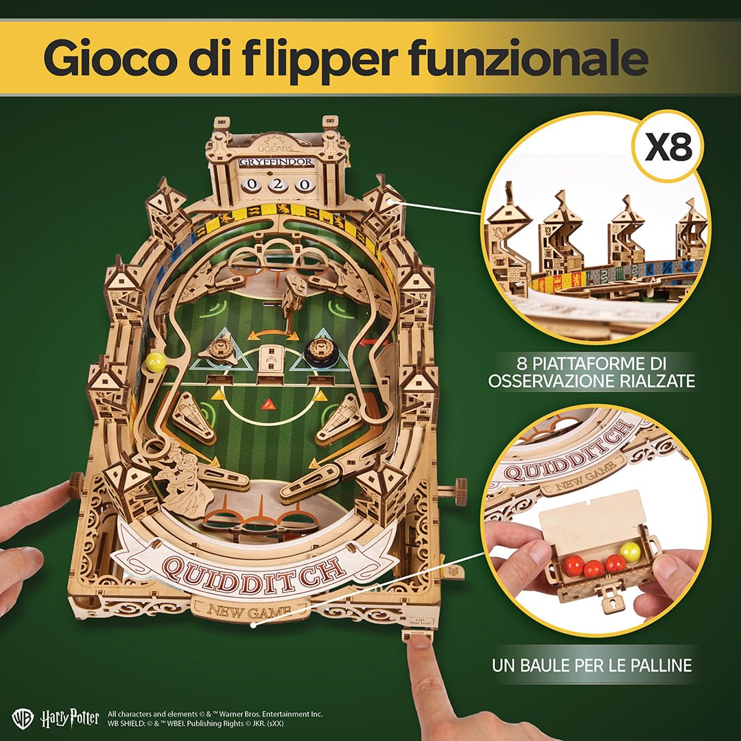 Ugears Macchina Flipper Quidditch Puzzle 3D - Harry Potter Puzzle 3D in Legno per Adulti - Kit DIY con Flipper Funzionanti - Kit Modelli Meccanici in Legno del Papà - 402 Pezzi