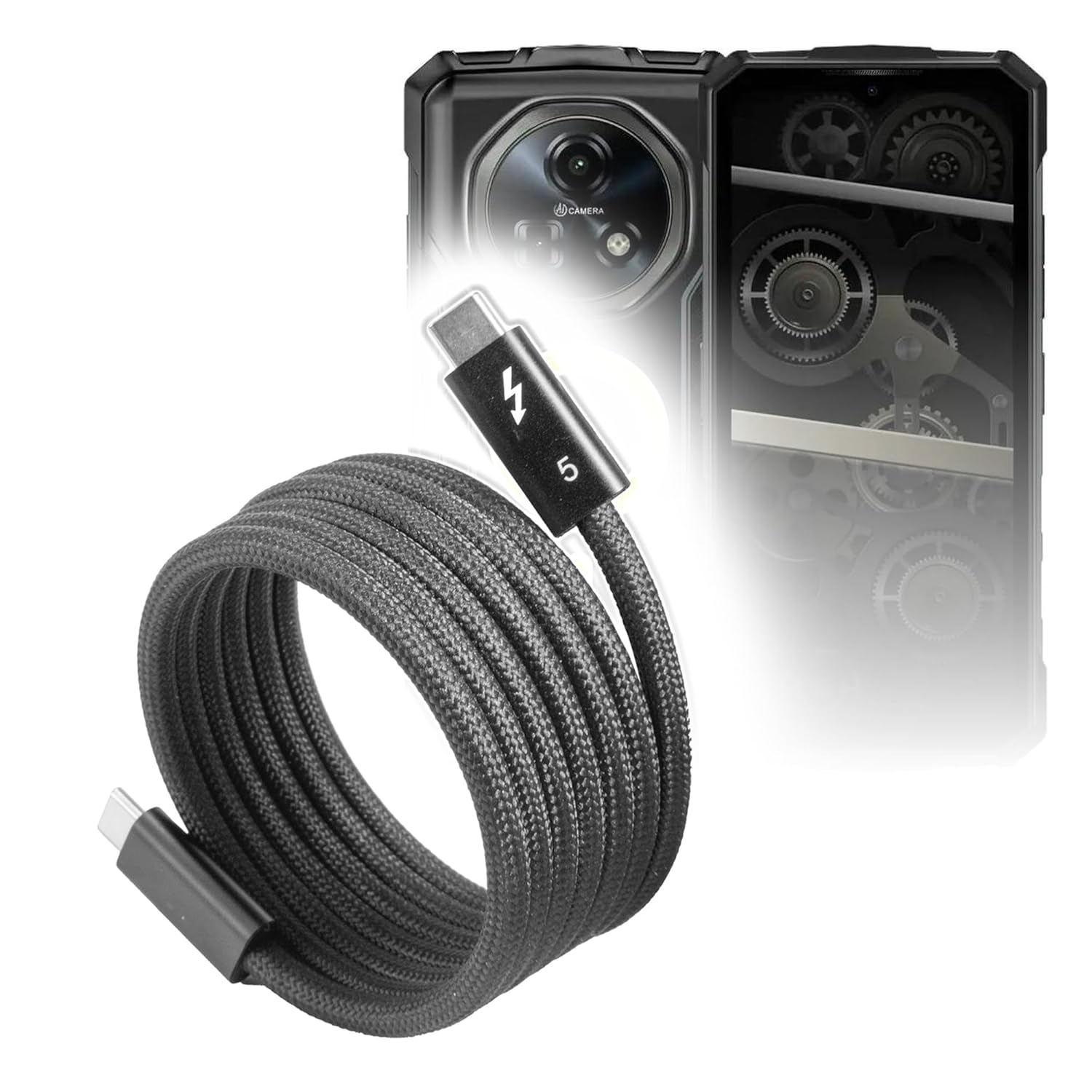 BoxWave Cable Compatible with Doogee Fire 7 Pro - SnapWrap Thunderbolt 5.0 Cable (5ft 240W), Magnetic Self-Coiling Nylon Braided Retractable - Jet Black