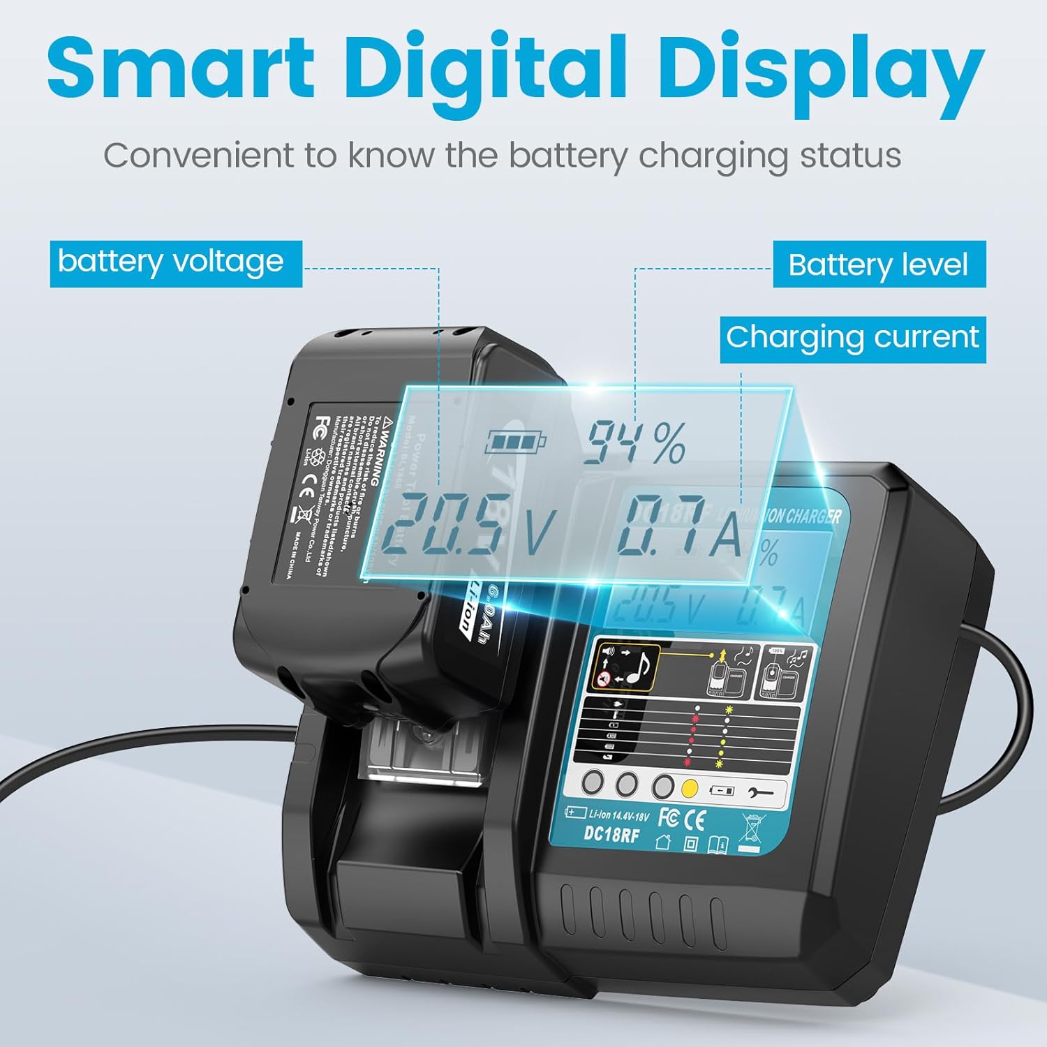 18V 6.0Ah Replace Long-Lasting Lithium Battery & Fast Charger for Makita 18V Battery & Tool, 18 Volt DC18RF Charger with LCD Display Compatible with Makita BL1860B BL1850B BL1840B BL1830B - Image 3
