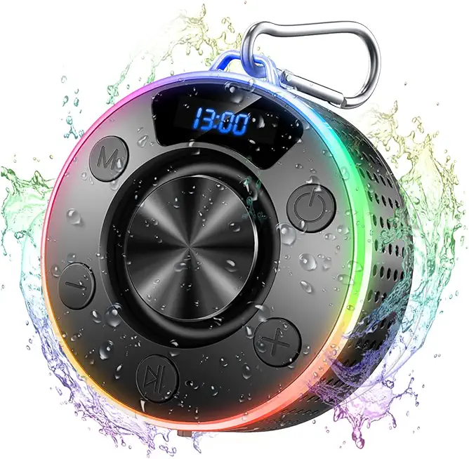 Bluetooth-Lautsprecher, Tragbare Bluetooth 5.3 Lautsprecher mit Stereo-Sound, Kabelloser LED-Lichtlautsprecher mit Saugnapf, IPX7 Wasserdicht Musikbox Tragbare für Badezimmer, Bergsteigen, Reisen