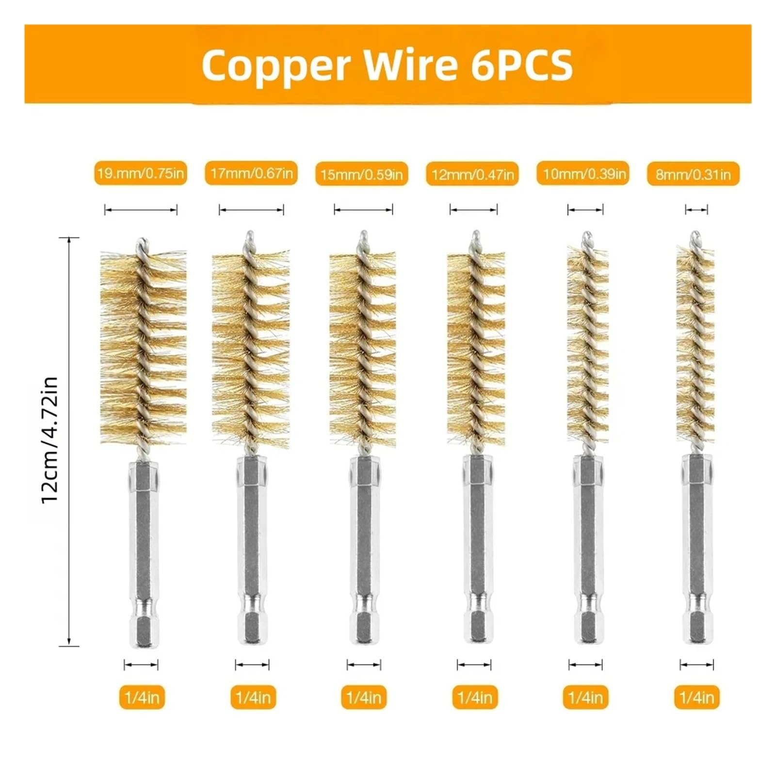 cepillo de alambre, con cepillos de alambre trenzado vástago hexagonal 1/4", juego tubos for óxido, 8, 10, 12, 15, 17, 19 mm(Copper Wire 6PCS)