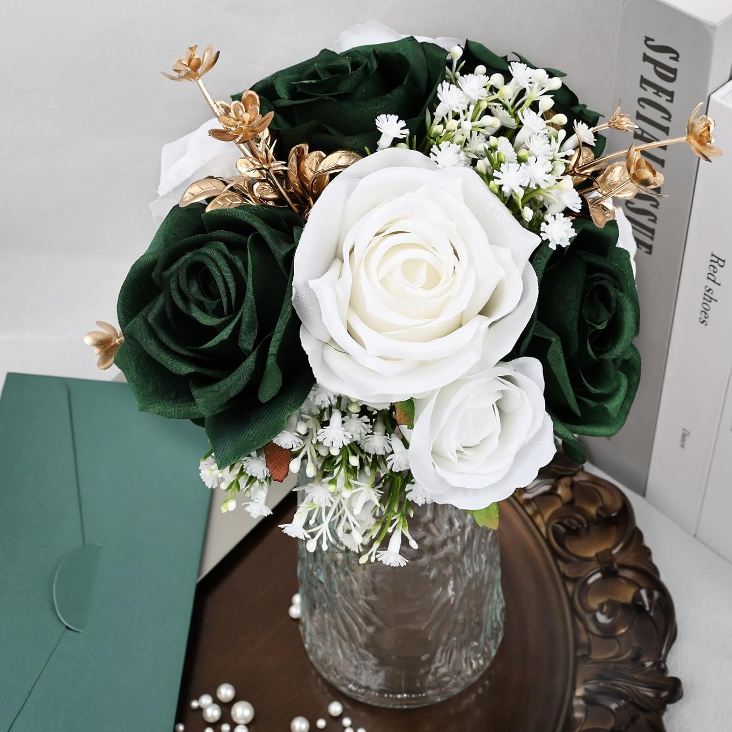Wedding Bridesmaid Bouquets Set of 4, Artificial Silk Flowers Arrangement for Ceremony Marriage Proposal Party Anniversary Decorations - Emerald Green & Gold & White