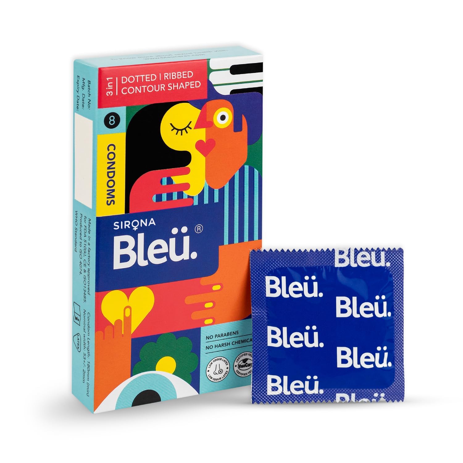 Bleu Vegan & 100% Natural Latex, 3-In-1 Condoms for Men | 8 Count (Pack of 1) | Dotted, Ribbed & Contour Shaped |Skin to Skin Sensation-image-24