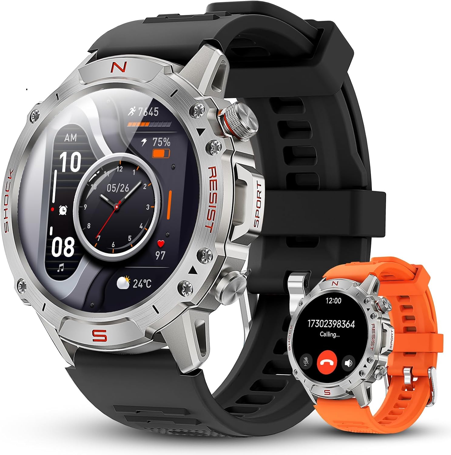 WalkerFit Rugged Smart Watch for Men- Answer/Dial Call, 30M Waterproof Fitness Watch with Health Monitor, 170 Sport Mode, Military Smartwatch for iPhone, AMOLED, Black Silicone