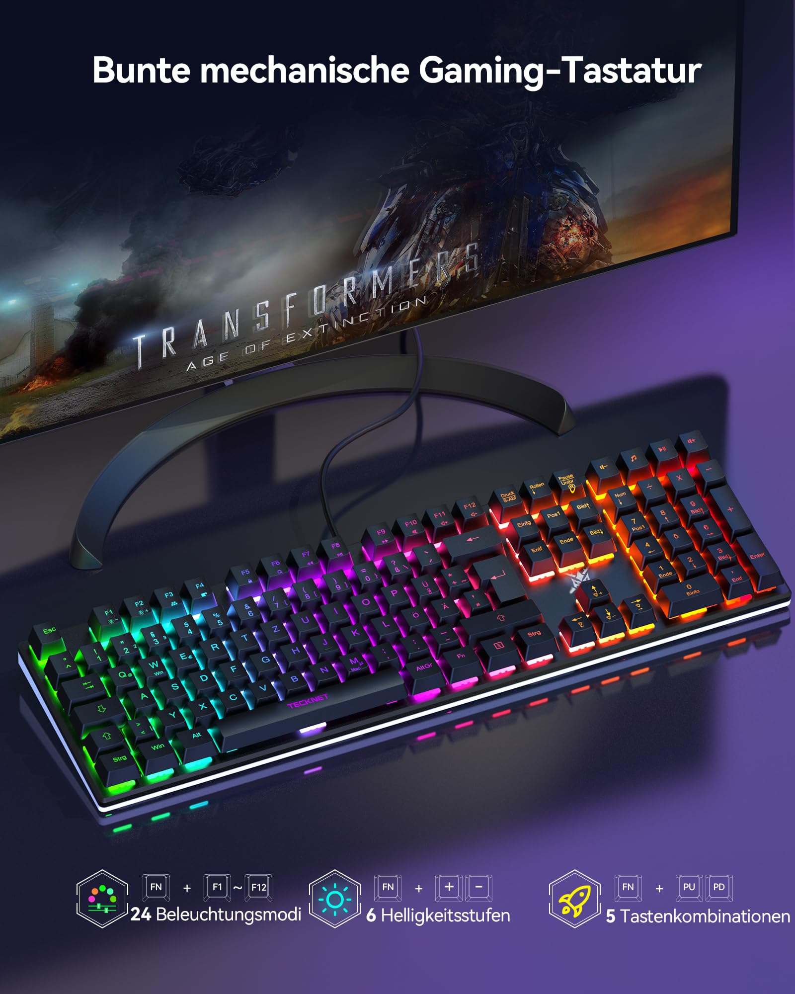 TECKNET Mechanische Gaming-Tastatur, QWERTZ-Tastatur (Deutsches Layout), roten Schaltern für Gamer & Büro, 109 Tasten kabelgebundene programmierbare Tastatur, Anti-Ghosting, 24 LED-Beleuchtungsmodi