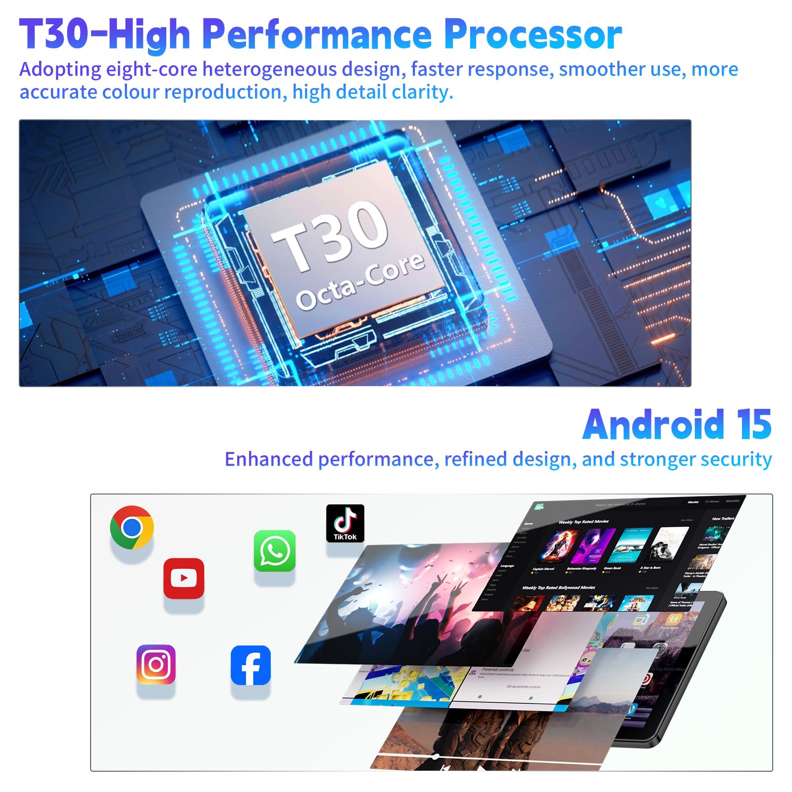 Tablet 10 Zoll, Android 15 Tablets PC mit 18GB RAM + 128G ROM (1TB TF), Widevine L1 Kompatibles Octa-Core-Tablet mit WiFi 5G, 5+8MP Doppelkamera, 6000 mAh, T30 CPU, Face ID