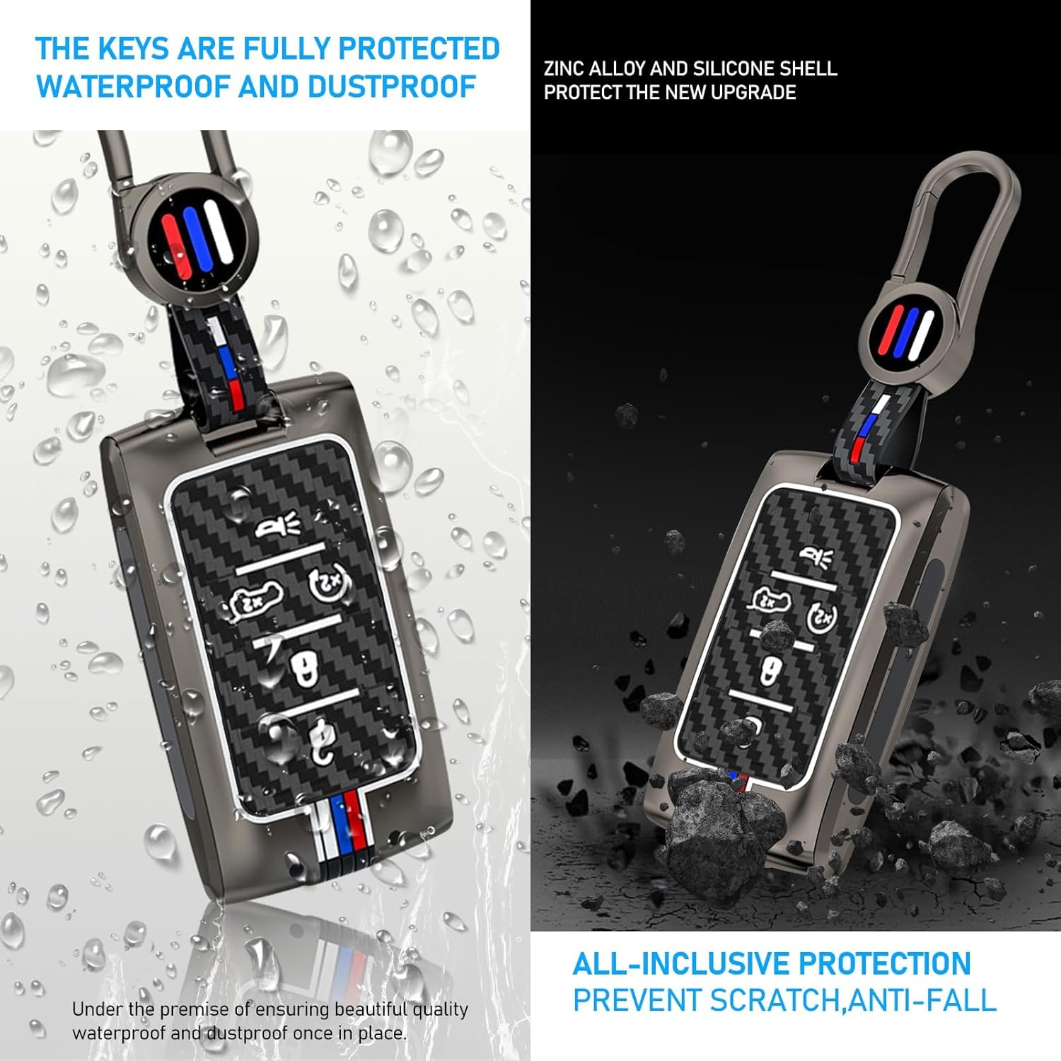 Yumzeco Compatible with Jeep Key Fob Cover,Key Fob Shells Case for 2021-2024 Jeep Grand Cherokee L 2022-2024 Grand Cherokee 2022 2023 Wagoneer,Metal Shell Carbon Fiber Pattern Silicone Protection