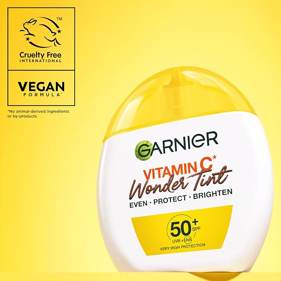 Garnier Vitamin C* Wonder Tint SPF50+, Dark Shade, All-In-1 Tinted Fluid, Even, Protect and Brighten Skin, 5% Vitamin C*, Niacinamide, Glycerin - 40ml