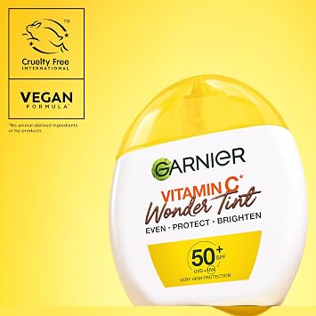 Garnier Vitamin C* Wonder Tint SPF50+, Dark Shade, All-In-1 Tinted Fluid, Even, Protect and Brighten Skin, 5% Vitamin C*, Niacinamide, Glycerin - 40ml