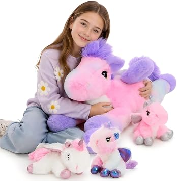 Tezituor Glow-in-Dark Unicorn Stuffed Animal,Mom & 3 Babies Plush,Large Unicorns Plushies with Wings,Giant Pink Unicorn Stuffy Gifts for Girls Adults Valentines Christmas Birthday