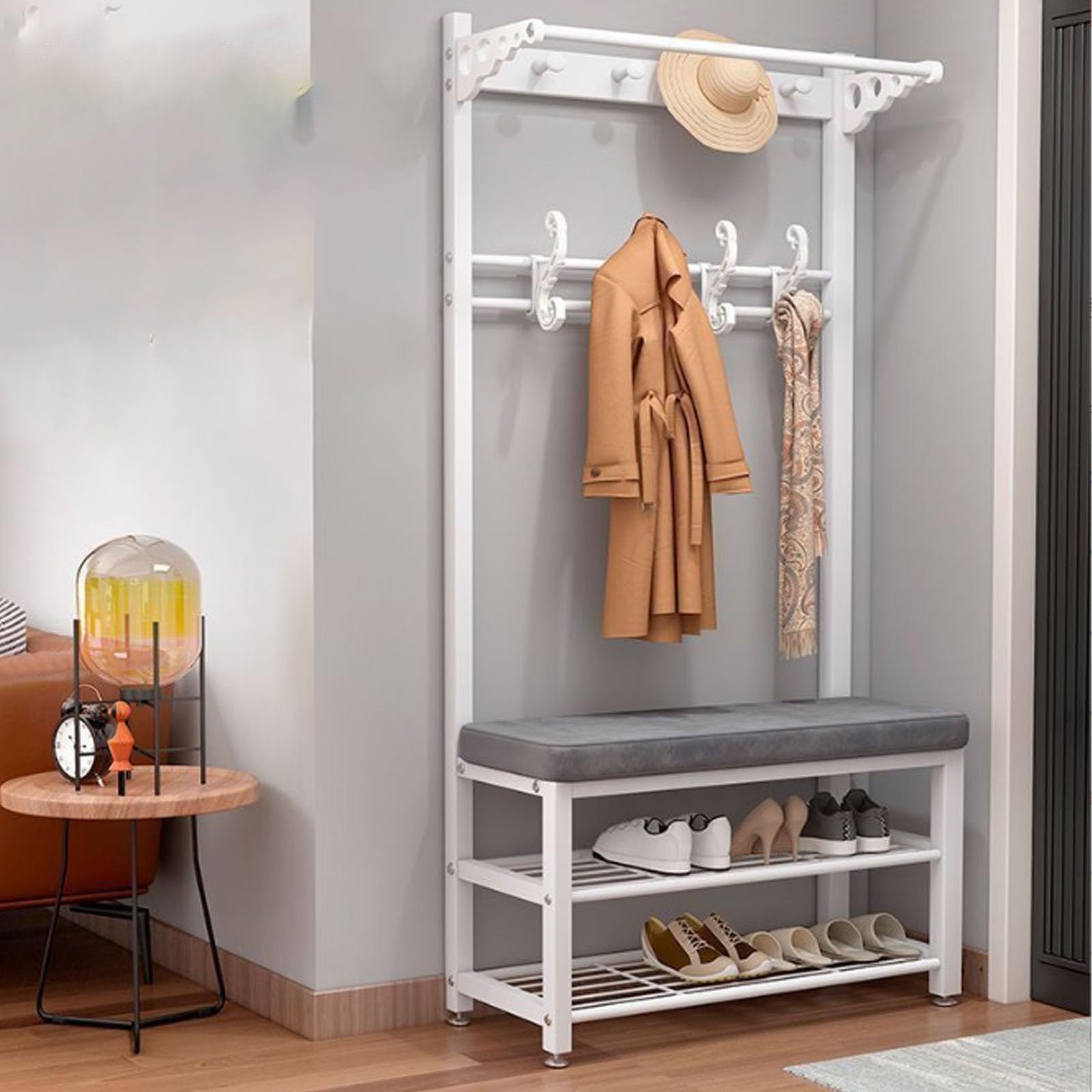 FGXHHS Hall Tree with Bench & Shoe Storage, Entryway Coat Rack Hooks, Metal Frame Hallway, Modern Living Room Furniture (80cm, Color B)