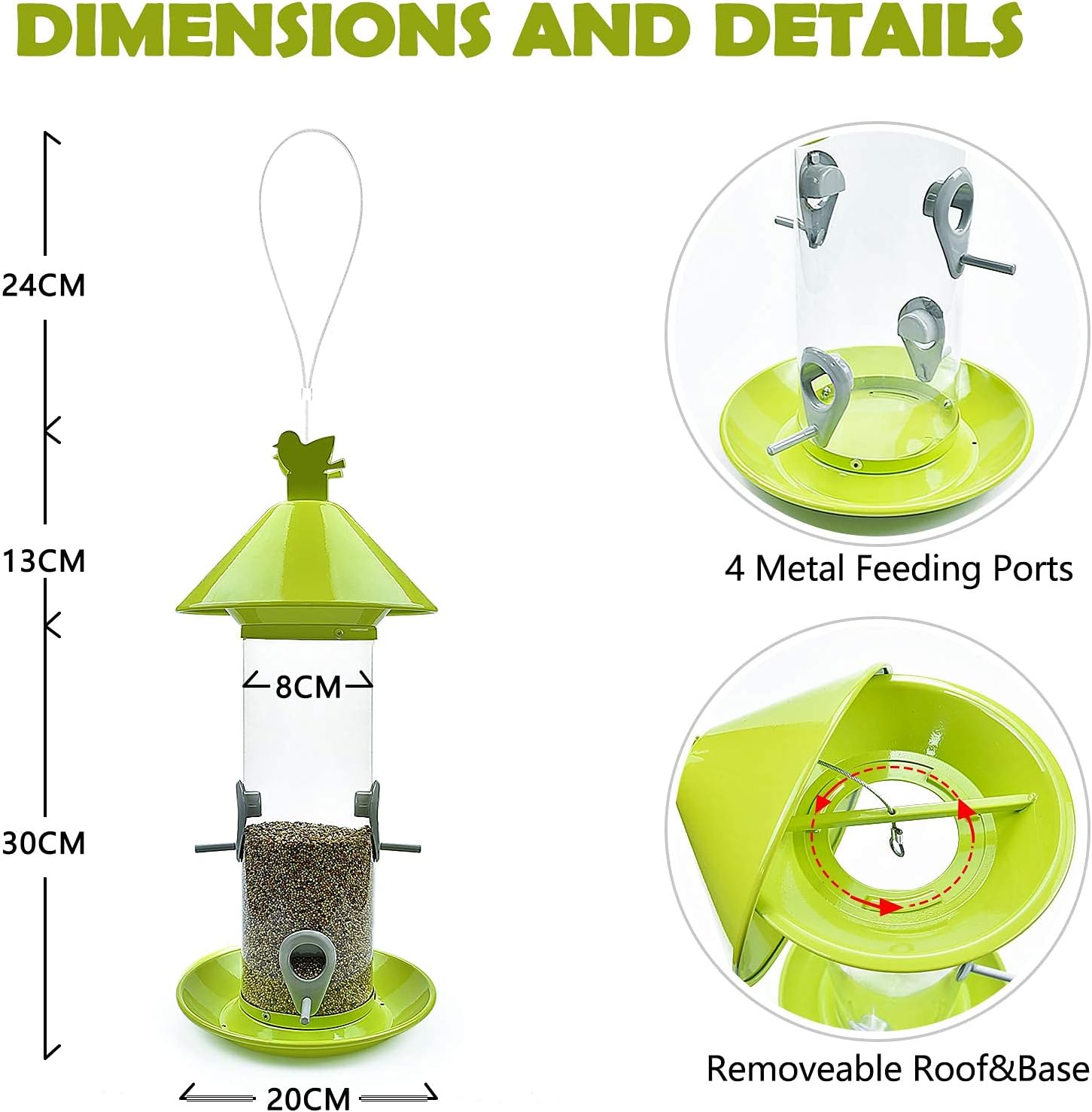 Green Bird Feeder Hanging Premium Squirrel Proof Wild Bird Feeder Polycarbonate Feed Tube Heavy Duty Metal with 4 Feeding Ports Removeable Roof&Base for Outdoor Small Bird Shelter