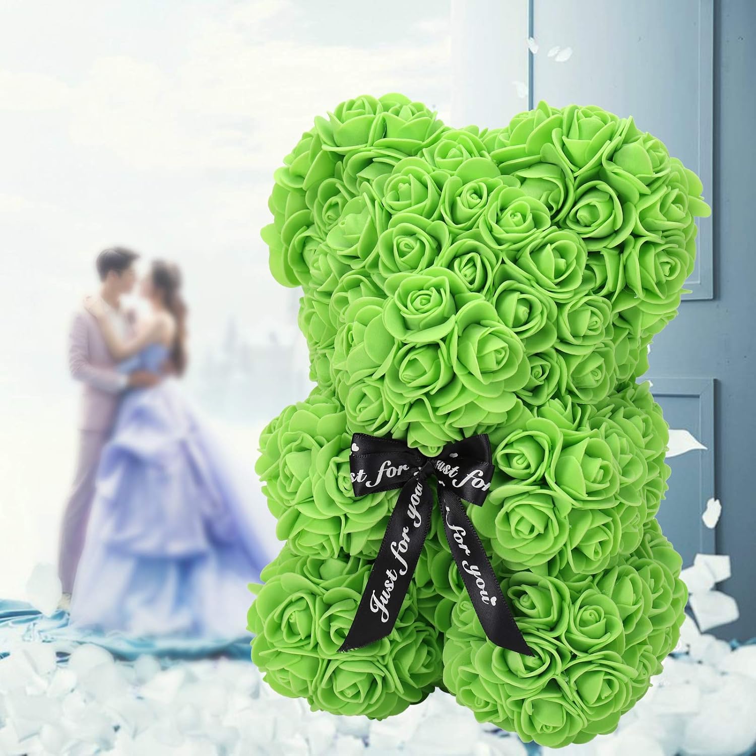 LINKLO Rose Bear Rose Teddy Bear -10 inch Artificial Rose Flower Bear, Gift for Wedding, Mothers Day and Anniversary, Including Transparent Gift Box (Green)