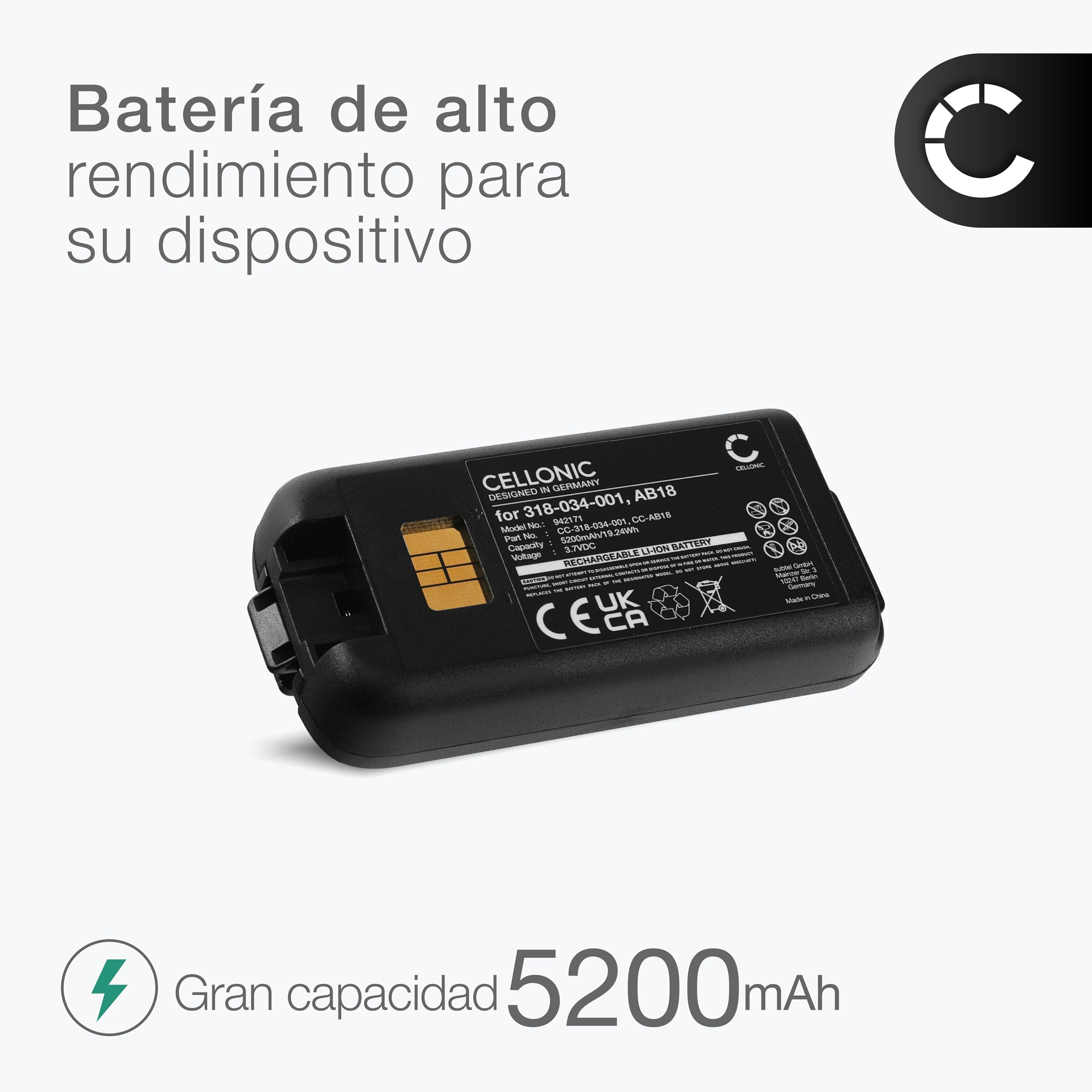 CELLONIC 1x Batería para Escáner códigos de Barras Compatible con Intermec CK3, CK3B, CK3X, AB17 - (5200mAh, 3.7V)