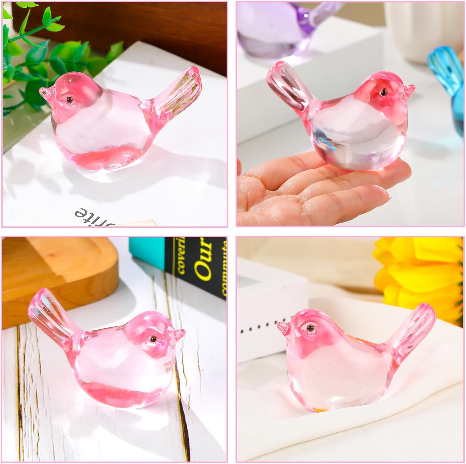 Crystal Pink Birds Figurines, Handmade Glass Birds Collectible Figurines Paperweights Blown Crystal Bird Decor Gifts for Bird Lovers Women Mom Friends (Pink) - Image 4