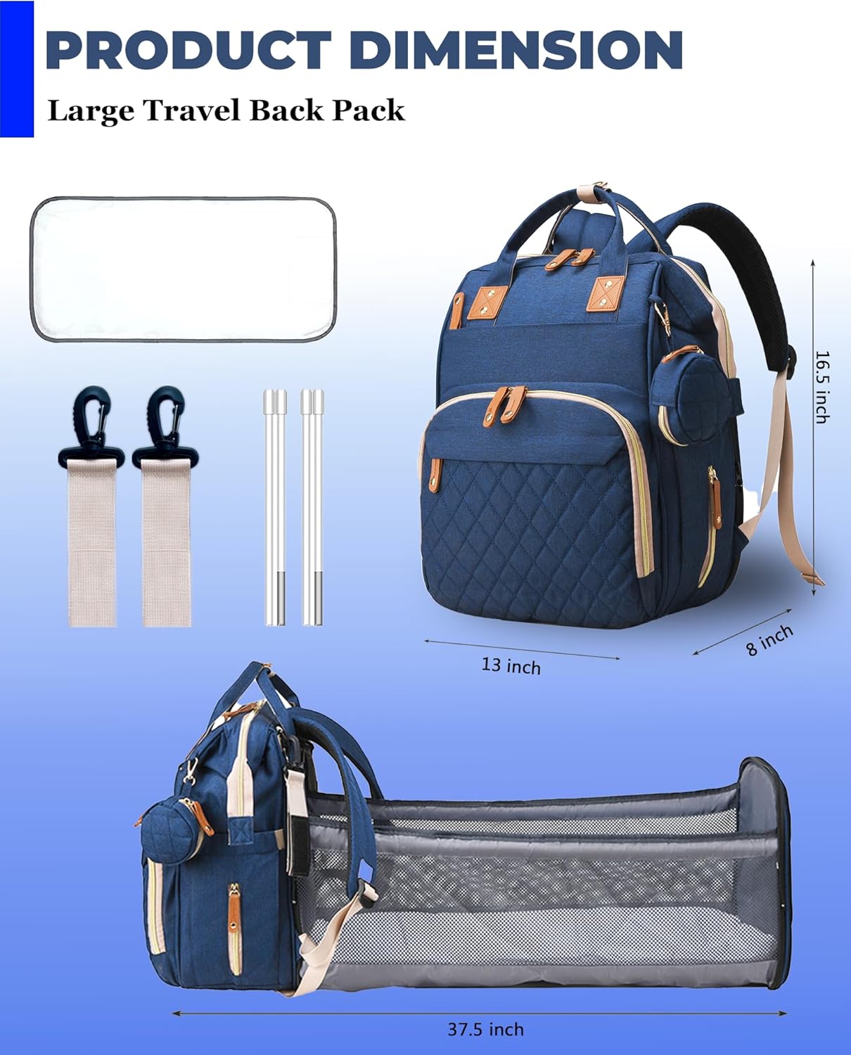 Diaper Bag with Changing Station, Waterproof 3 in 1 Baby Diaper Backpack with Foldable Changing Pad, Large Travel Back Pack for Baby Girl Boy, Baby essentials, Blue - Image 3