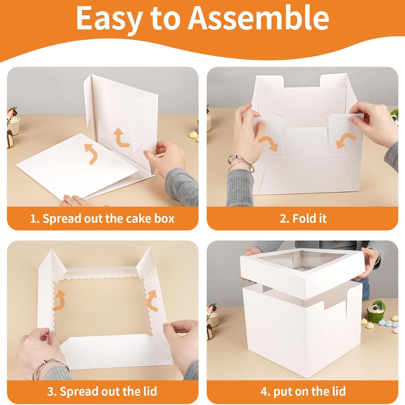 Caja de cartón para tartas de 30 x 30 x 20 cm, caja de transporte para tartas, caja blanca para tartas con ventana y 10 tablas redondas para tartas, 1 rollo de cinta de raso para tartas