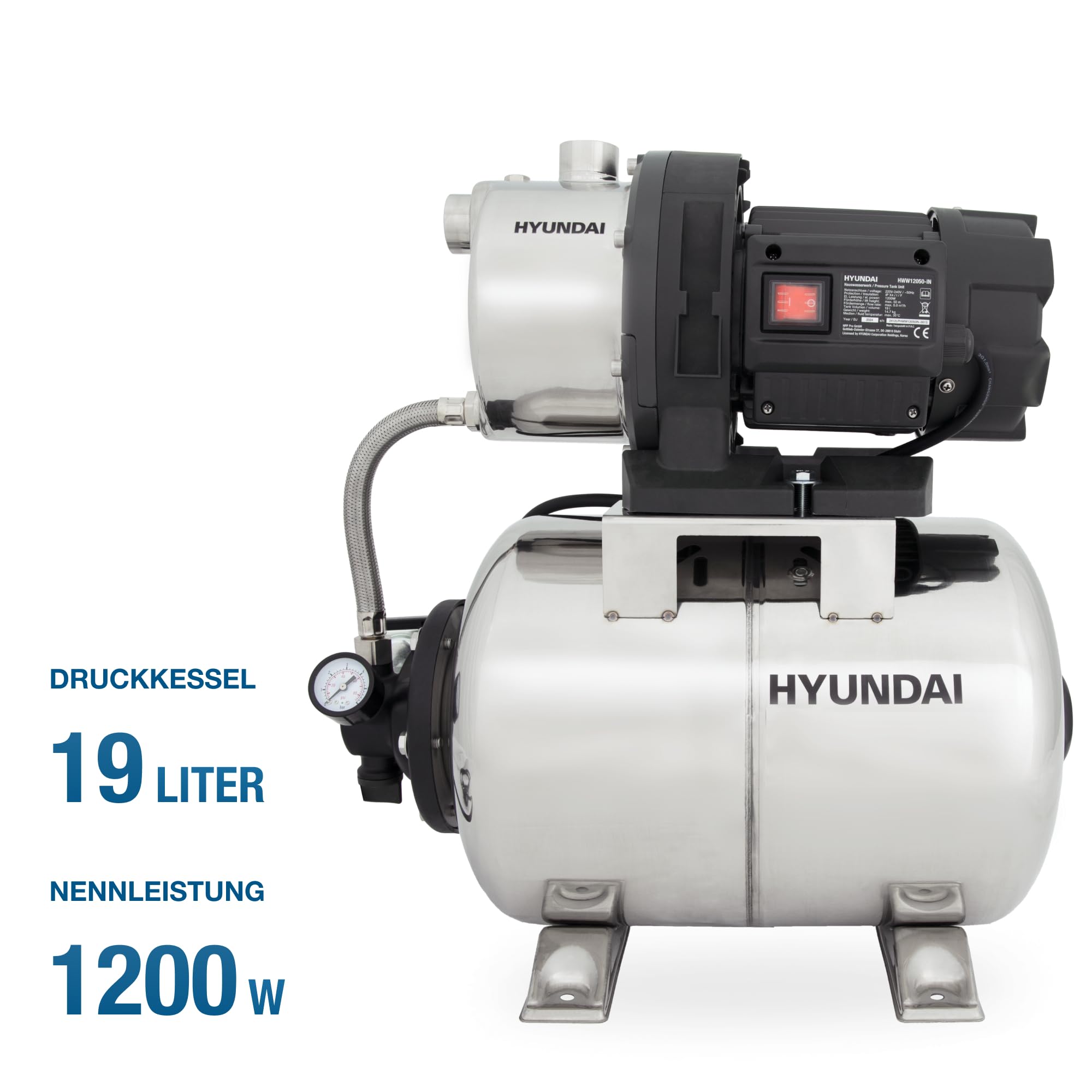 HYUNDAI Hauswasserwerk HWW12050-IN | 1200 W, 19 L INOX-Kessel | Fördermenge 5.000 l/h, Förderhöhe: max. 50 m | autom. Druckschalter, Edelstahl-Pumpengehäuse