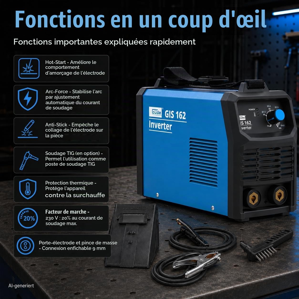 Güde Poste à souder Inverter GIS 162 (230 V, 15,5 W, puissance à vide 5,0 kVA max. puissance secteur, plage de régulation 10-160 A, courant de soudure, avec support d'électrodes, borne de masse