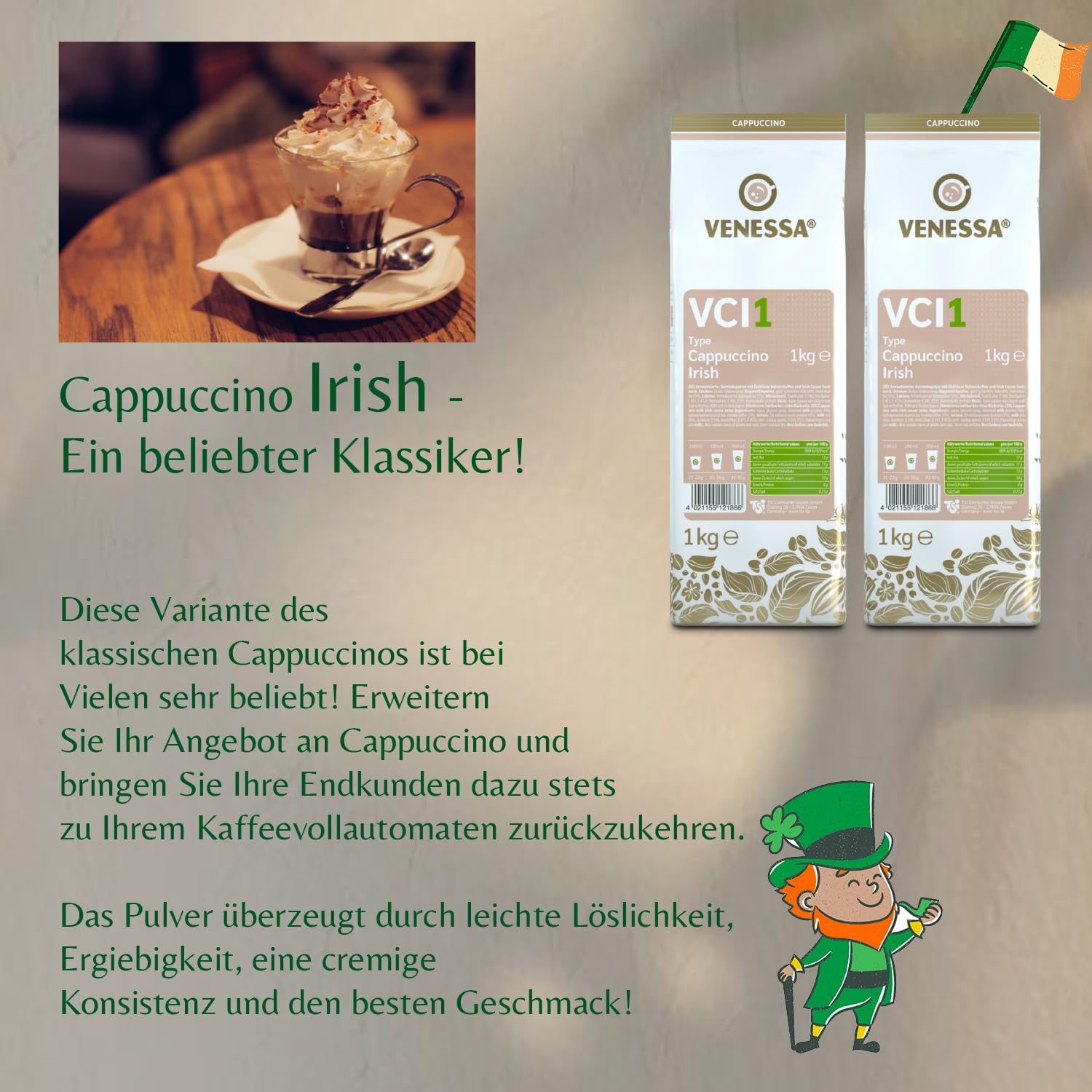 VENESSA VCI1 Cappuccino Irish 10 x 1 kg bardzo wydajny, opakowanie zapasowe, rozpuszczalna kawa irlandzka, aromatyczna, wszystkie ekspresy do kawy Vending & Office