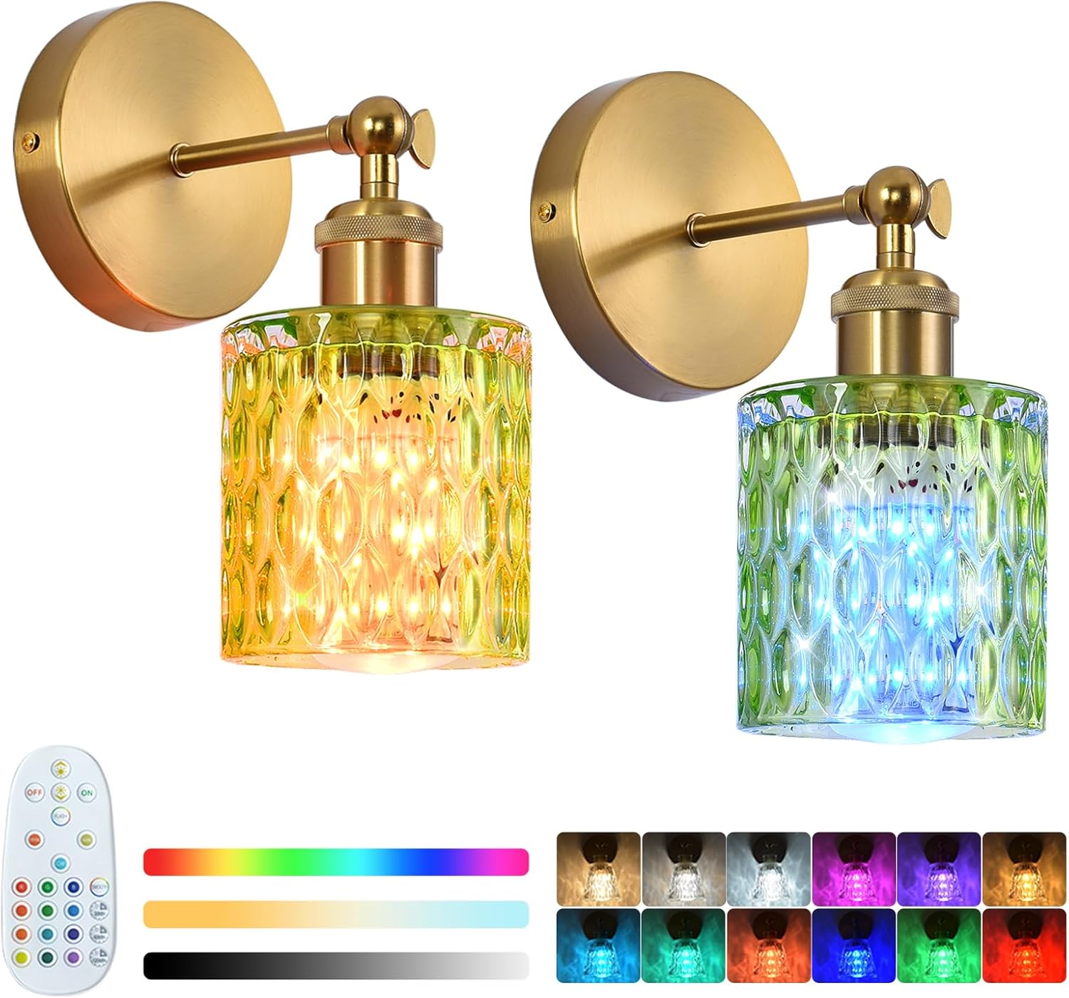 Vintage Battery Operated Wall Sconce Set of 2, Green Flower Glass Cordless Wall Lamp Wireless Rechargeable Wall Light with Remote Control for Wall Decor Bedroom Living Room