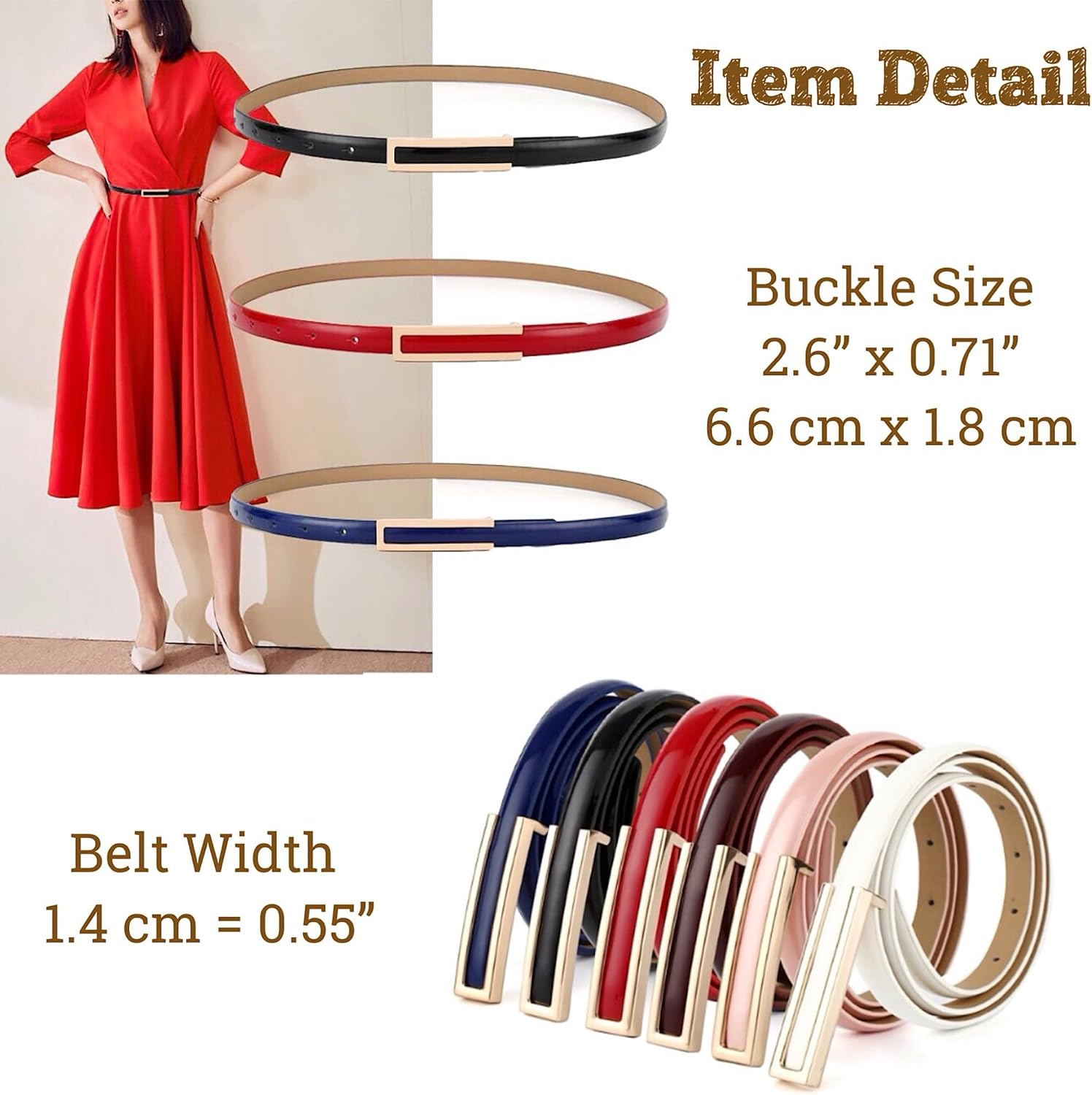 Women's Belt Fashion Elegant Dress Skinny Patent Leather Belts Waistband Thin Waist Belt Alloy Gold Buckle - Image 5