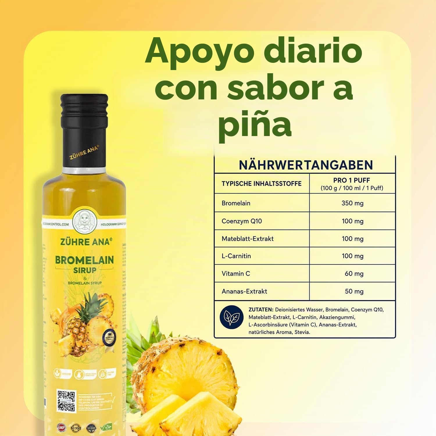 Zühre Ana Jarabe de Bromelina - Coenzima Q10 - Extracto natural de piña - Soporte natural - Acelera la pérdida de peso - Ayuda a eliminar líquidos en casos de edema - Vegano (2x250ml)